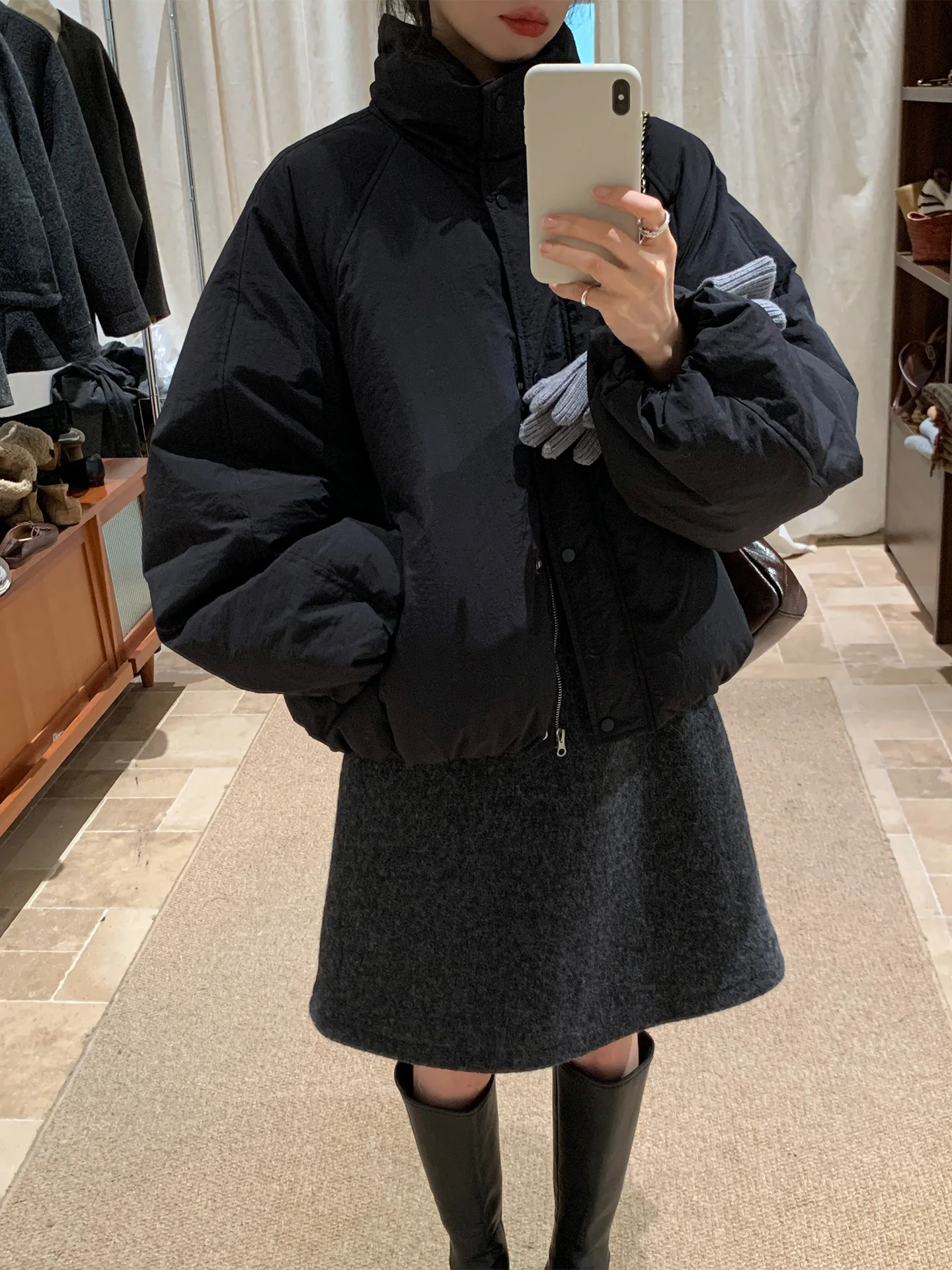 Jaqueta Feminina Coreana de Gola Alta Acolchoada Quente de Inverno Cor Pura Nova Chegada