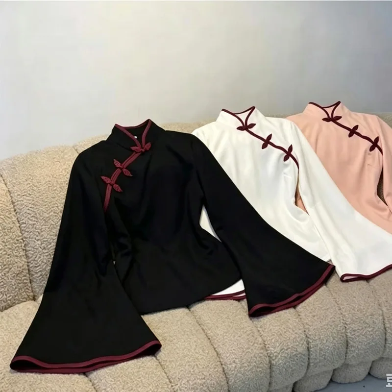 Women Harajuku New Chinese Style Improved Cheongsam Blouse Mandarin Collar Frog Buttons Flared Long Sleeve Slim Elegant Top Emo