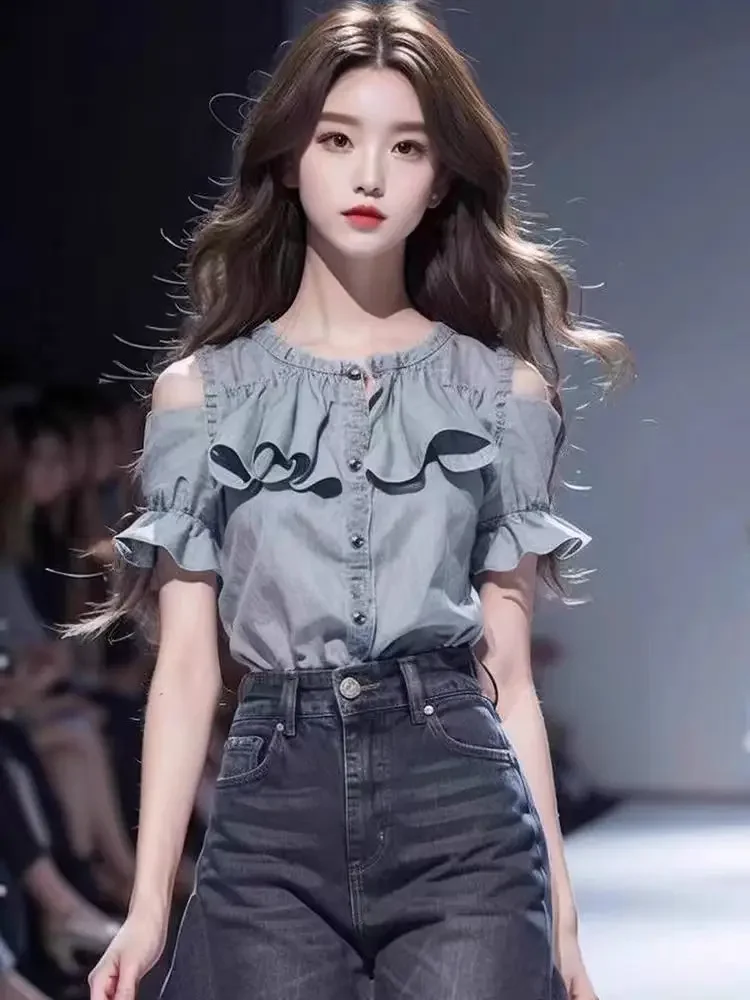 

2024, новые летние рубашки, однотонные рубашки с круглым вырезом и пышными рукавами, с открытыми плечами и оборками, лоскутные блузки, модная универсальная женская одежда