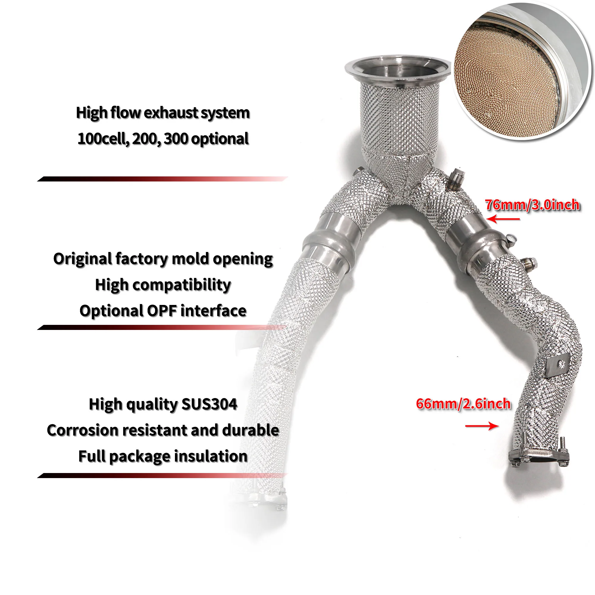 HEO Exhaust High Flow Catted Downpipe for Audi A6/A7 C8 3.0T 2019- SS304 Header 100/200/300 Cells