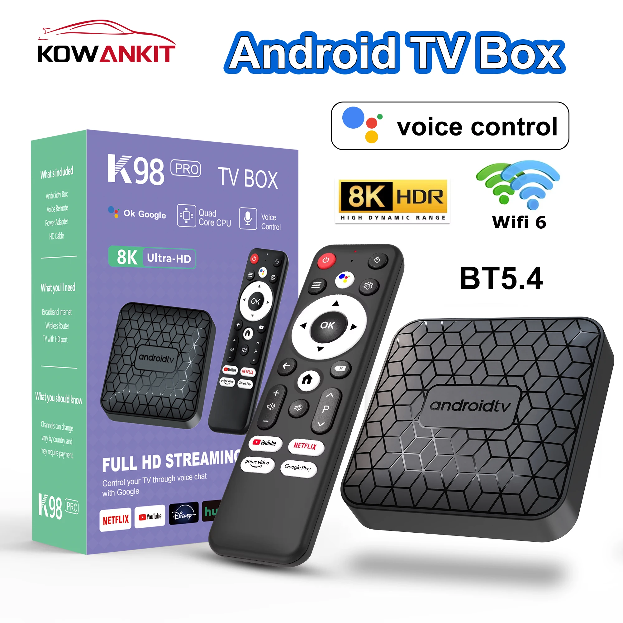 Kowankit K98PRO Android TV Box Android 15 2GB 8GB 2.4&5G WIFI 4K Media Player TV Box 1080P Set Top Box 8K HD Smart Media Playe