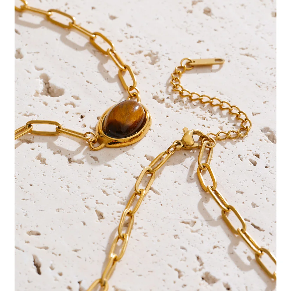 Yhpup Natural Tiger Stone Imitation Pearl Pendant Necklace for Women 18K Golden Plated Stainless Steel Trendy Neck Jewelry Gift