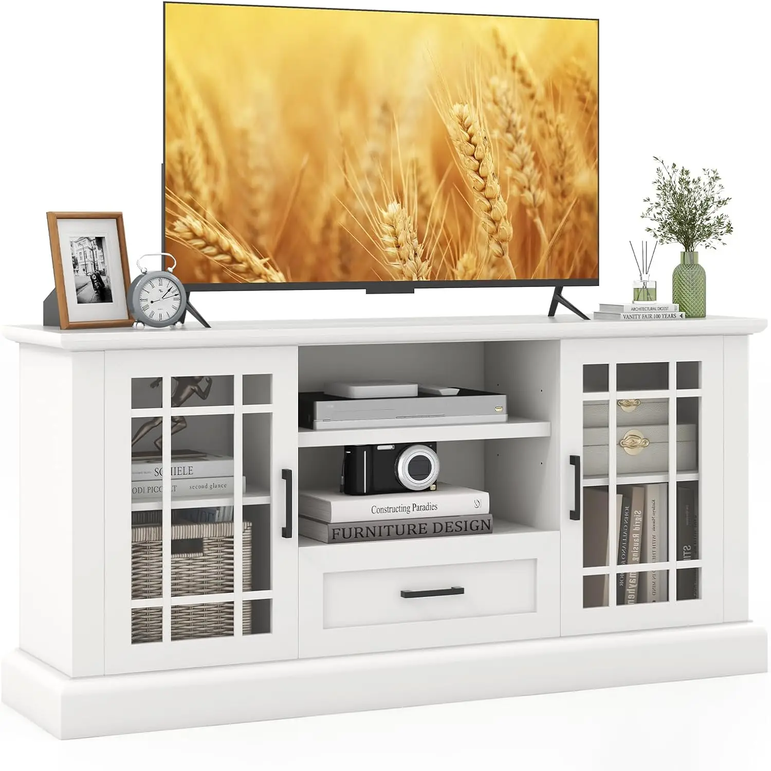 TV Stand for TV up to  Inch, Tall Media Console Table with 2 Glass Doors, Entertainment Center with  Drawer, Storage Cabinet