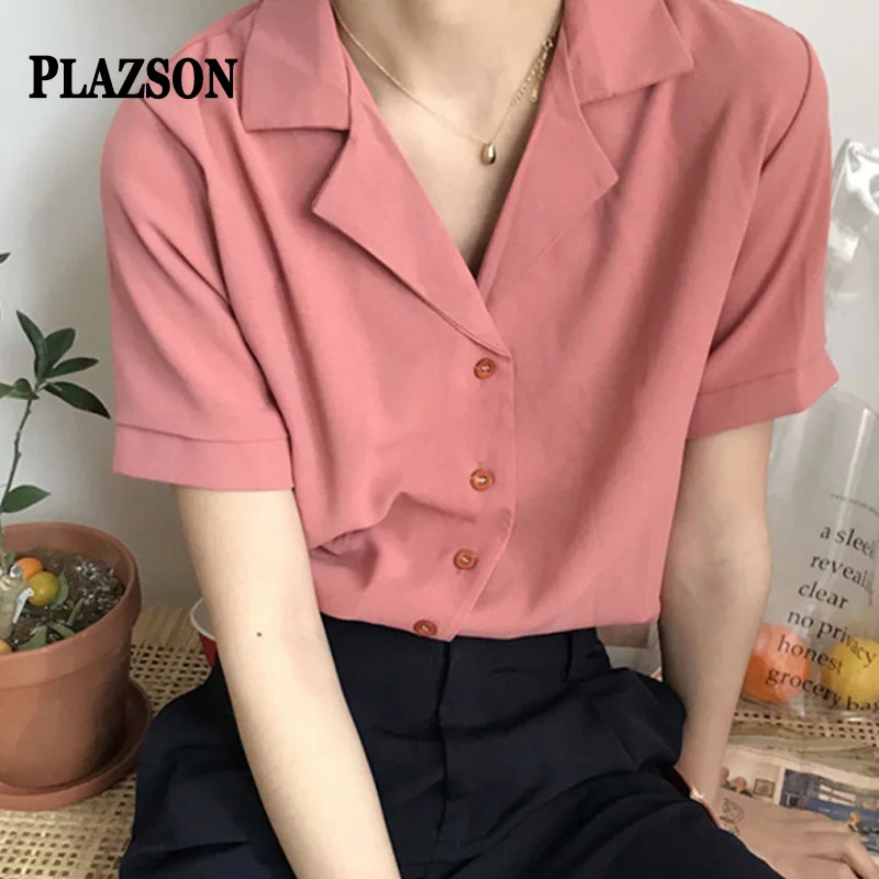 PLAZSON Summer Short Sleeve Women\'s Shirt Lapel Single-breasted Solid Basic Blouse Dongdaemun Korean Style Tops 셔츠 & 블라우스 8568