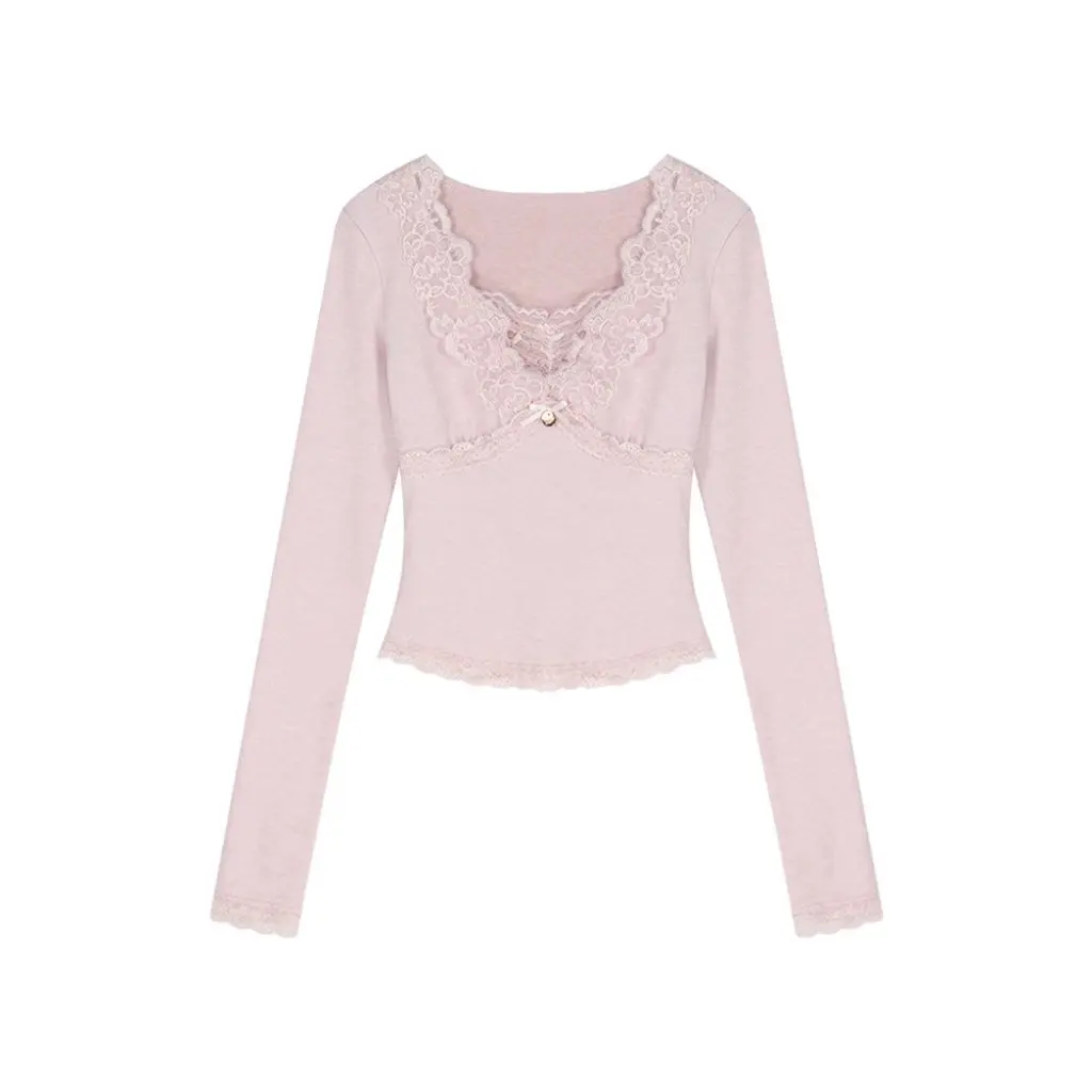 

Женская однотонная розовая трикотажная балетная рубашка с милой кружевной отделкой, короткий топ на осень-зиму, модный уникальный дизайн