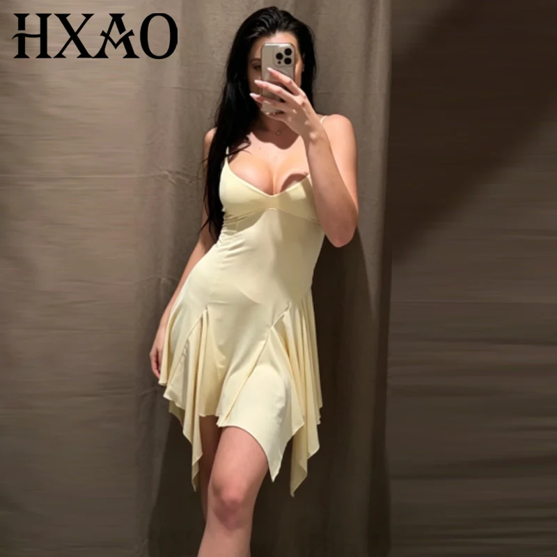 HXAO Gerüschtes Asymmetrisches Slip-Kleid Damenkleid Sommer 2026 Sexy Mini-Korsett Ärmelloses Kurzes Kleid Elegantes Party-Abendkleid