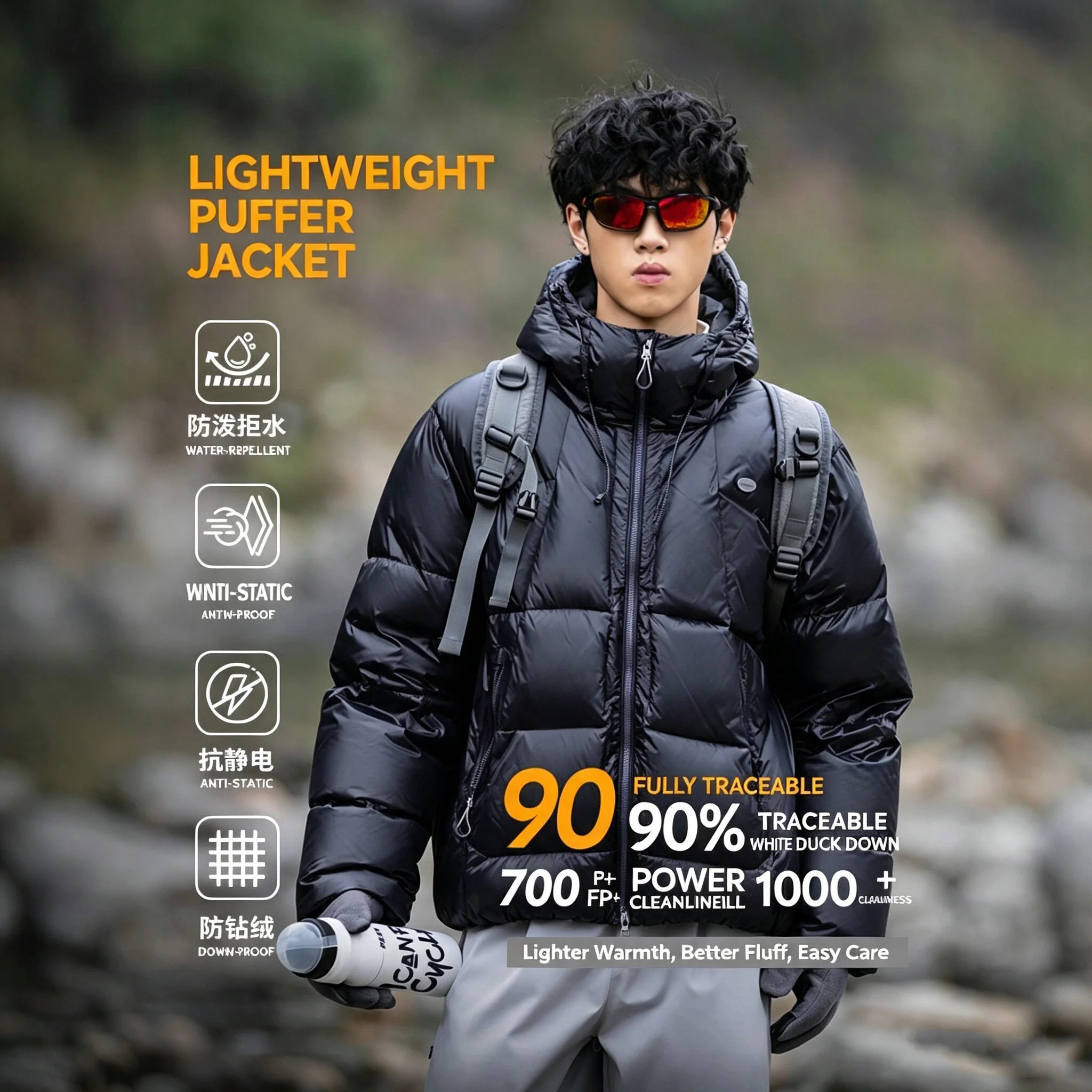 Unisex Outdoor Lightweight Down Jacket, Custom‑Available, 2‑Way Zipper Hooded Warm Coat with 90% Duck Down