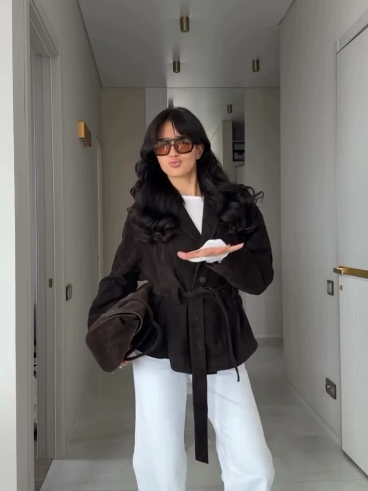 Casual Lady  Office Solid Coat Chic Outerwear Outfit Vintage Women's Cropped Suede Belted Jacket Coats Notched Lapel Oversized