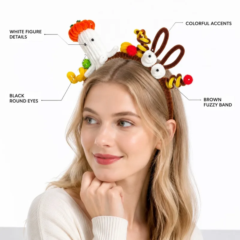 Handmade Chenille Ghost Pumpkin Antler Headband Halloween Hair Hoop Women Girls Cosplay Party Photo Hair Accessory
