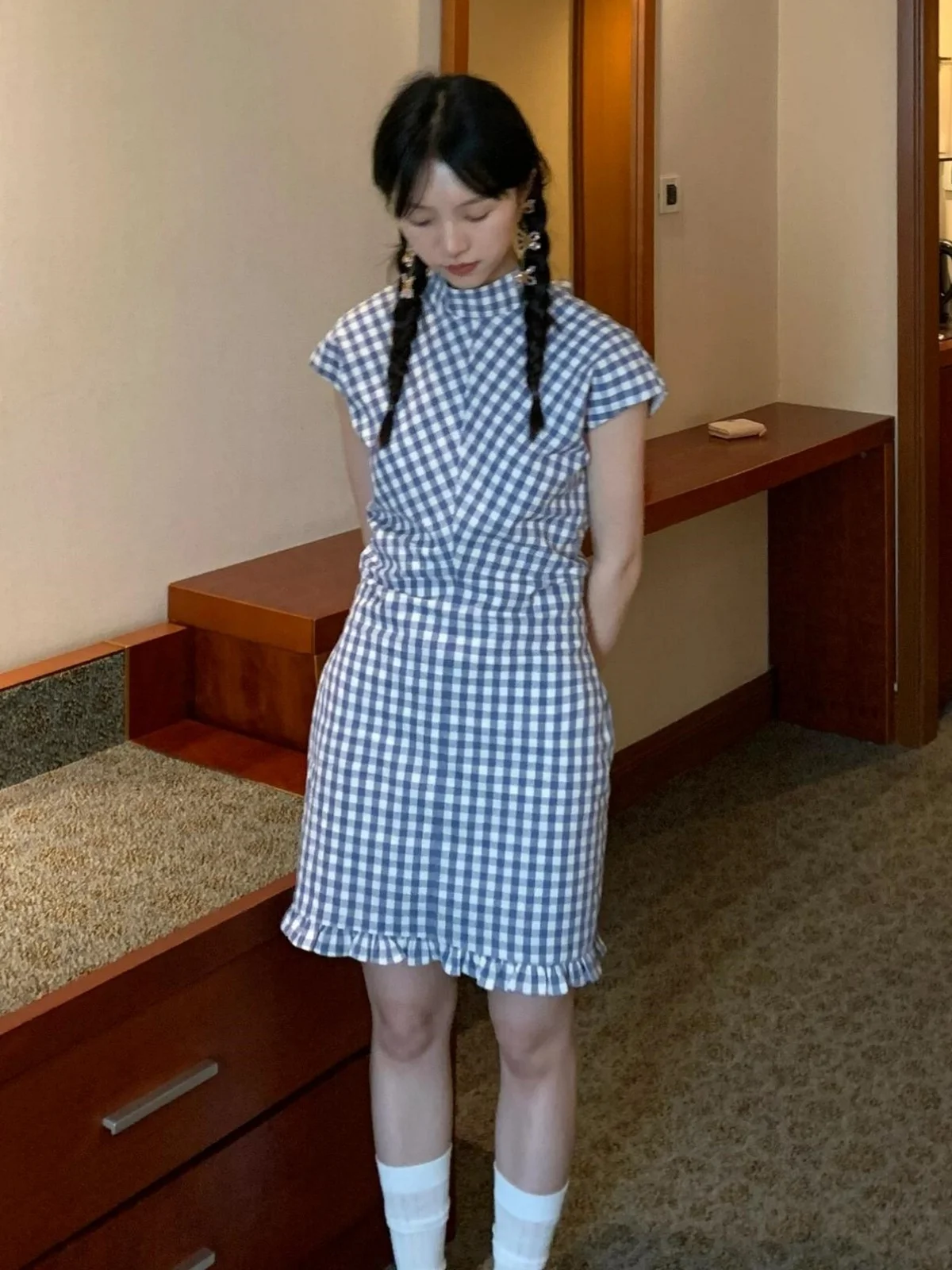 

DesiGar Japanese Sle Blue White Plaid Waist-Cinched ort Sve Vest Dr Sensation Clothing Summer Ladies Dr