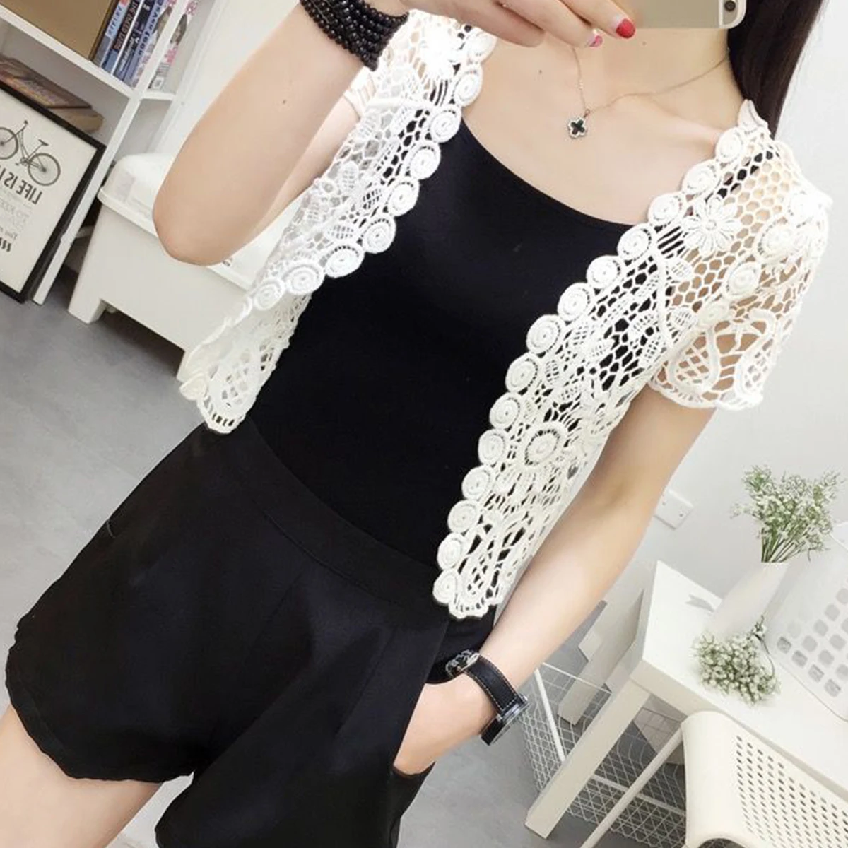 White Black Apricot Women Short Sleeve Shrug Bolero Lace Wedding Bridal Summer Jacket Elegant Lace Cape Knit Vest Vest Women