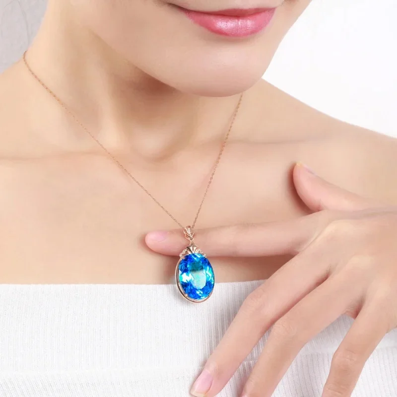 Hot Seller Oval Blue CZ Pendant Necklace for Women Vintage Rose Gold Gemstone Clavicle Chain Luxury Wedding Party Jewelry Gift