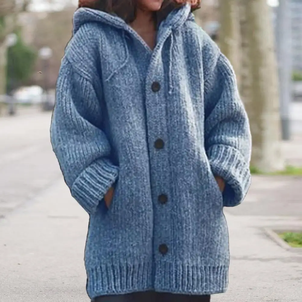 Mid-length Cardigan Stylish Women's Hooded Sweater Coat With Drawstring Long Sleeve Single Breasted Knitting For Fall/winter