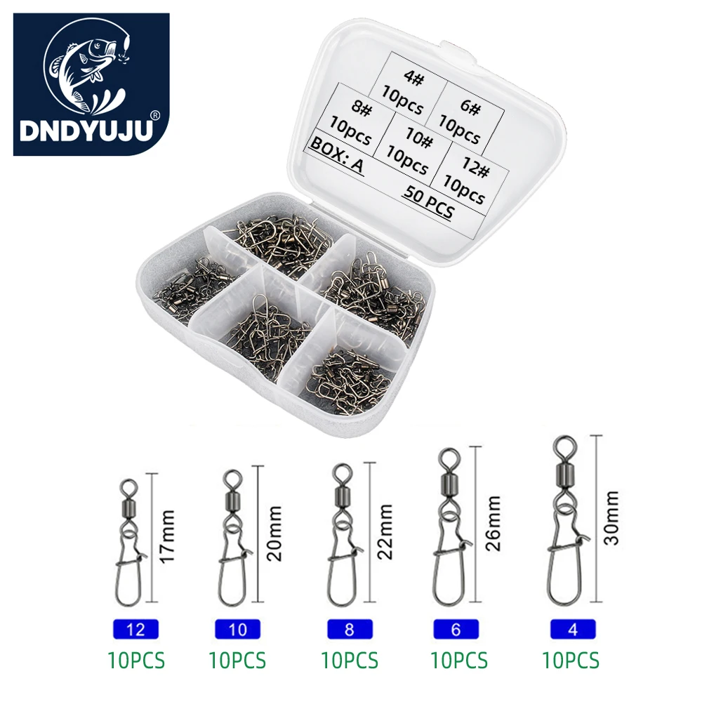 DNDYUJU 50pcs Stainless Steel Fishing Connector Pin Bearing Rolling Swivel Snap in Box Fishing Tackle Accessories For Lure Hook