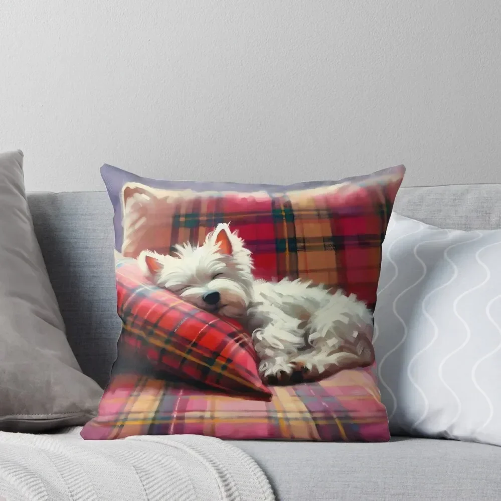 

Westie sleeping on a tartan pillow Throw Pillow Rectangular Cushion Cover Couch Cushions Couch Pillows pillow