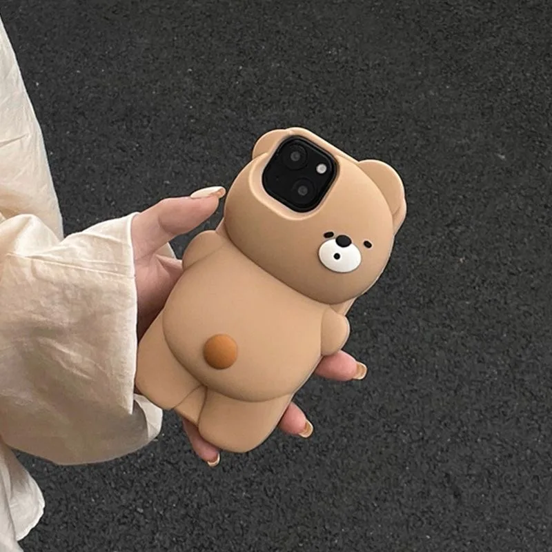 Cute Cartoon Stereoscopic Lazy Bear Phone Case for IPhone 15 14 13 12 11 Pro Max Soft Silicone Back Cover Funda