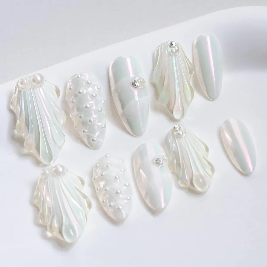 

Handmade Press On Nails Medium Long Almond Oval Design with Pink White Pearl Shell 3D Art Charms Cute Fake Nail Tips for Daily