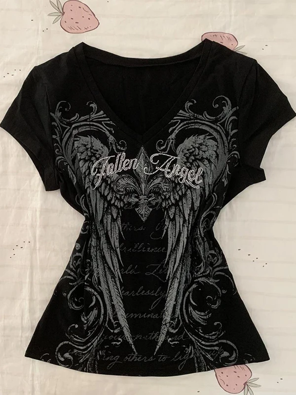 

Floral End Original American Retro Bla Print T-irt Sexy Design Waist-Cinching Slimming ort Sve Top for Young Women