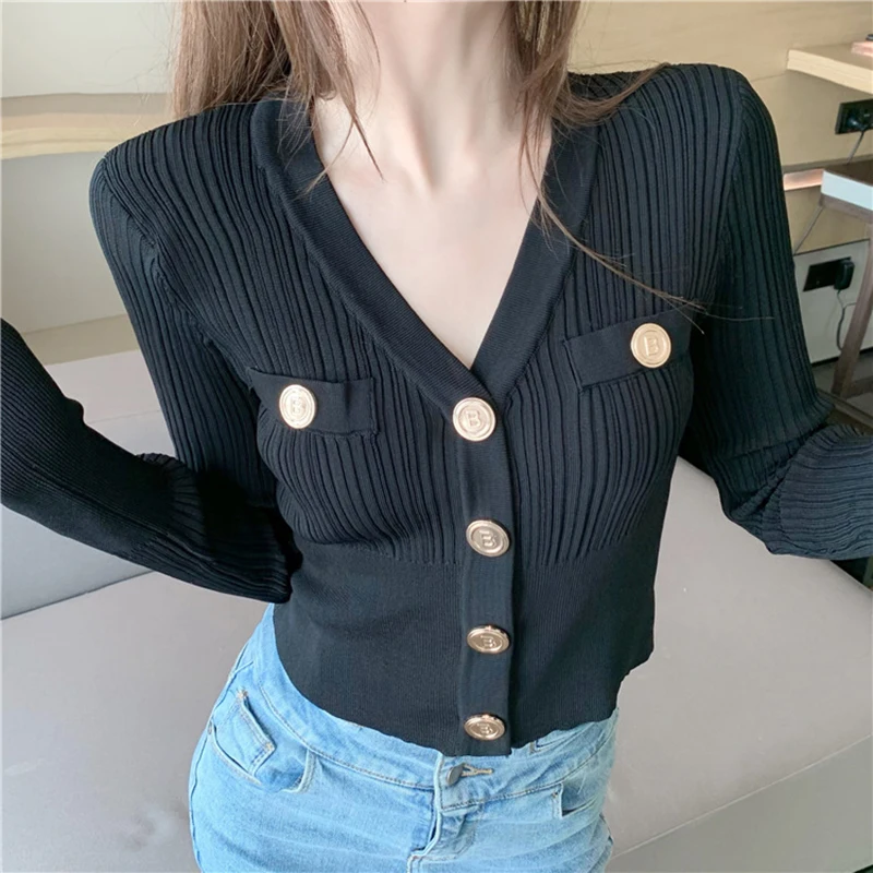

Autumn V-neck Long Sleeve Base Knitted Cardigan Women Slim Solid Fashion Sweater Jacket Female Elegant Buttons Woman Knitwears