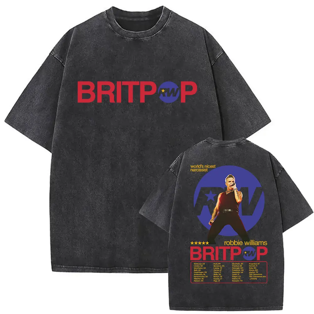 

Washed Vintage Robbie Williams Rw Tour 2025 Graphic T-shirt Men's Hip Hop High Quality Fashion Oversized T Shirts Man Streetwear