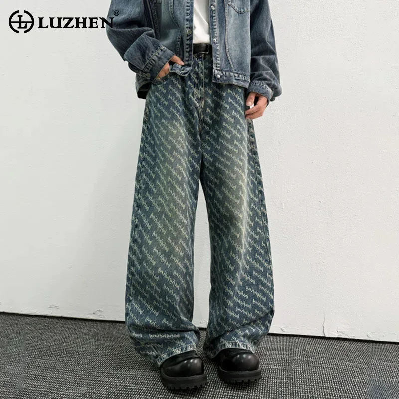 

LUZHEN 2025 новые персонализированные потертые прямые джинсы с буквенным принтом, мужские оригинальные свободные широкие мужские джинсовые брюки JY5887