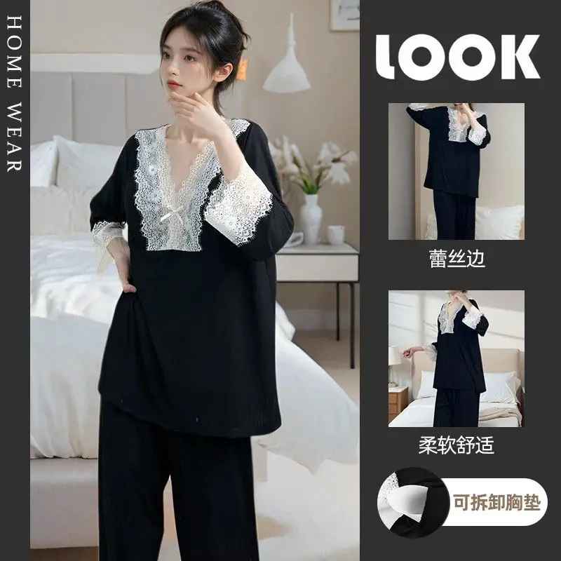 

Princess Style Sleepwear Long Sleeve Lace Patchwork Long Pants Two Piece Set with Chest Pad Women's Autumn Ins Home Clothes