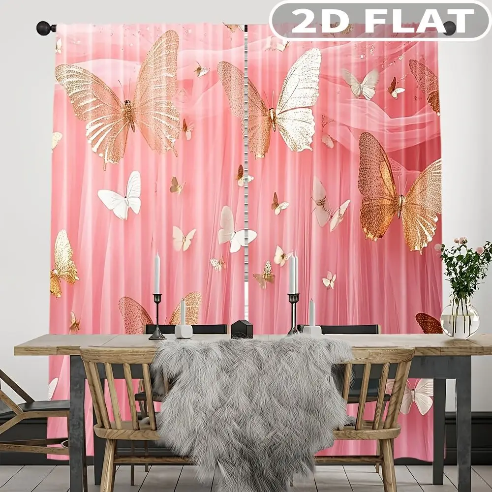 

2pcs Curtains Pink Butterflies Floating Design Pattern Perfect for Balcony, Bedroom, Study, Living Room, for Spring & Summer