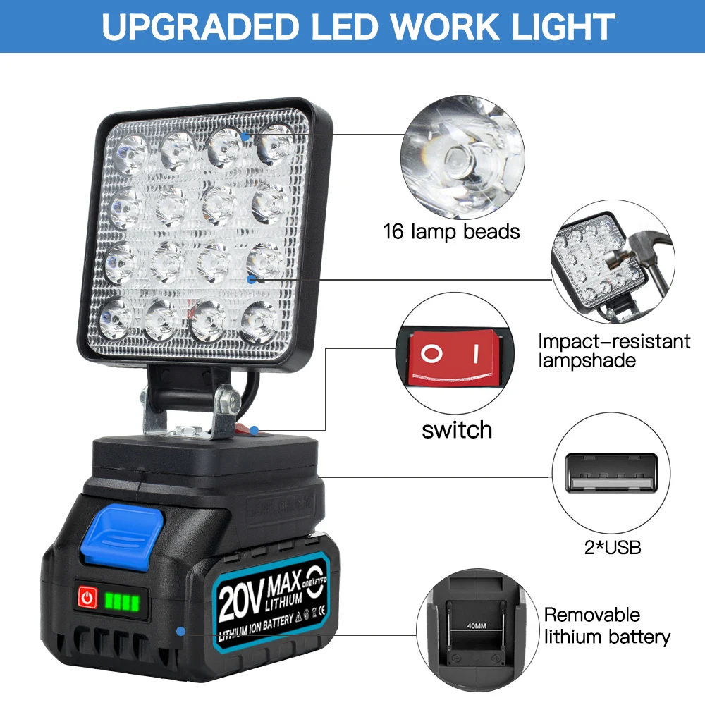 Cordless LED Work Light for 18V Lithium-Ion Battery Cordless Flood Light with 2 USB Charging Port for Outdoor Work Fishing