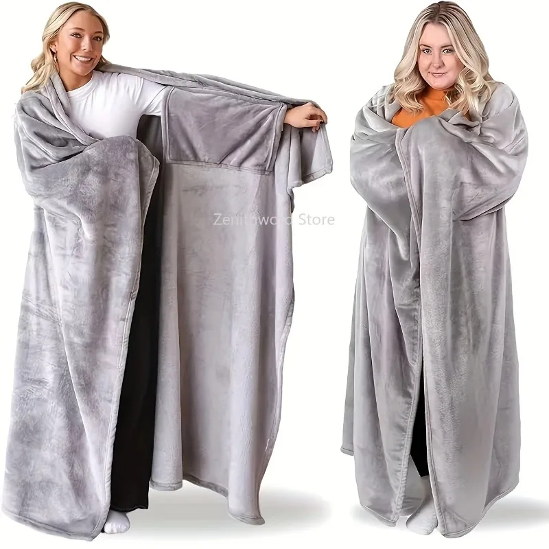 Einheitsgröße-Decke - Weicher Flanell mit Gemütlichen Doppeltaschen, Grau/Beige Traditioneller Stil Poncho für Bett, Sofa, Reisen, Winterwärme