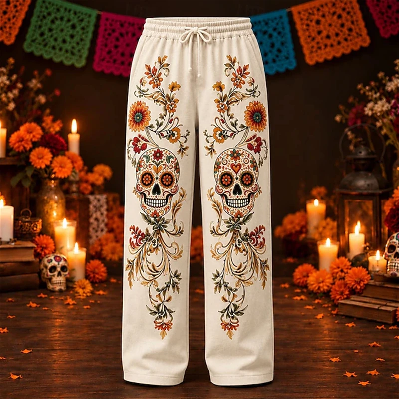 Men's Retro Casual Wide-Leg Pants for Autumn Skull Floral Print Drawstring Trousers Street-Style Bottoms for Holiday Parties
