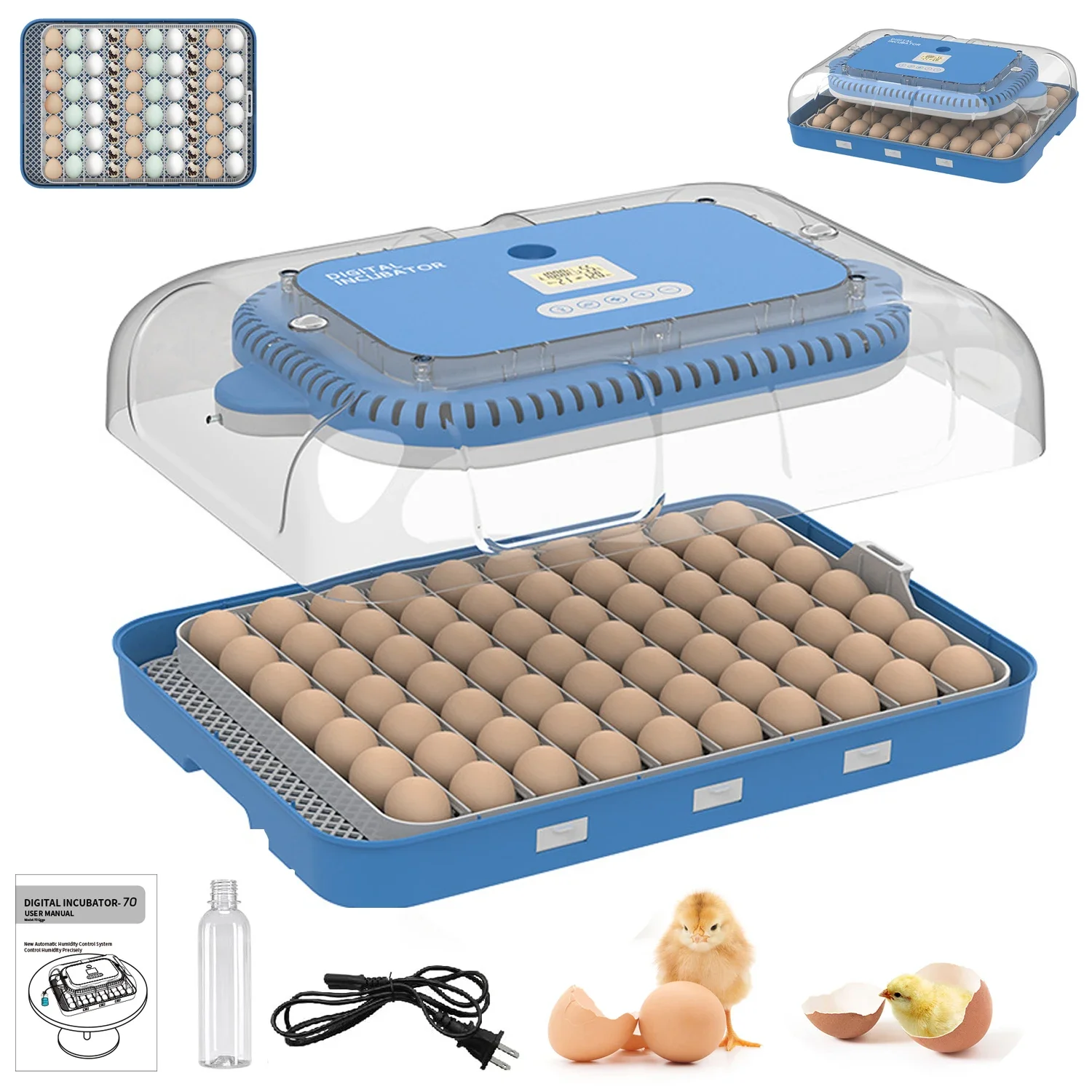 70 Egg Incubator with Auto Turn, Temp & Humidity Control & Built-in Candler for Chicken Duck Goose Eggs