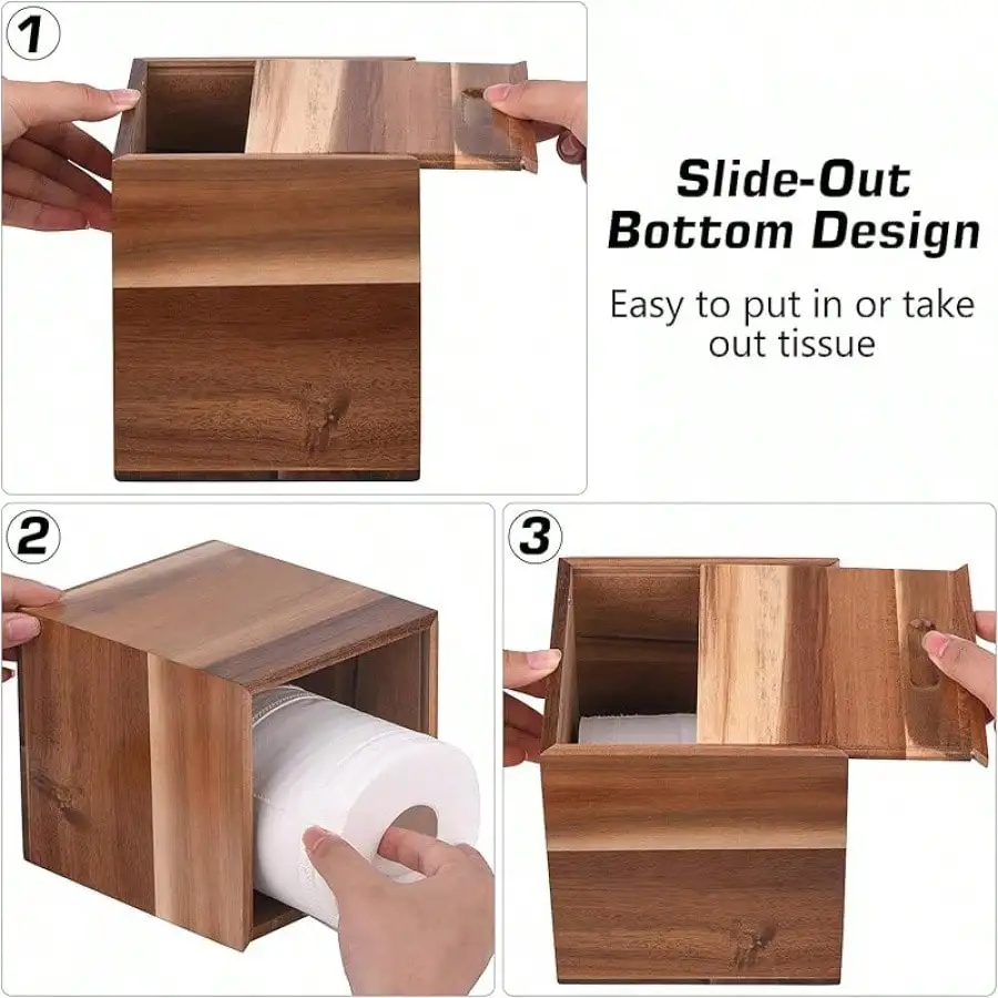 

Tissue Box Cover Square, Acacia Wood Tissue Box Holder With Slide-Out Bottom, Wooden Tissue Box Cover Cube Bathroom, Bedroom, Dinner Table, Office,Kitchen