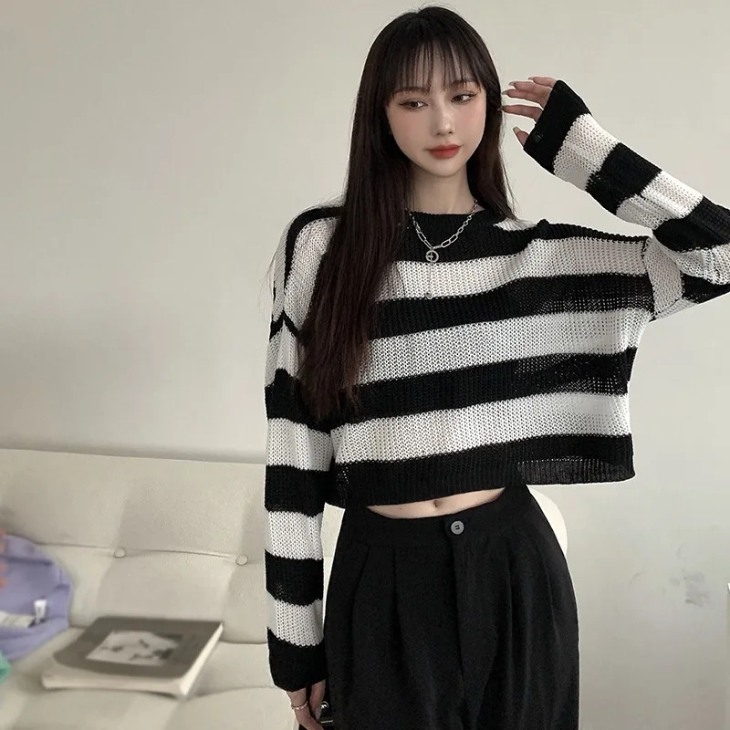 Women Vintage Oversize Knit Pullovers Striped Cropped Sweater Korean Style Long Sleeve Harajuku Pullover Top