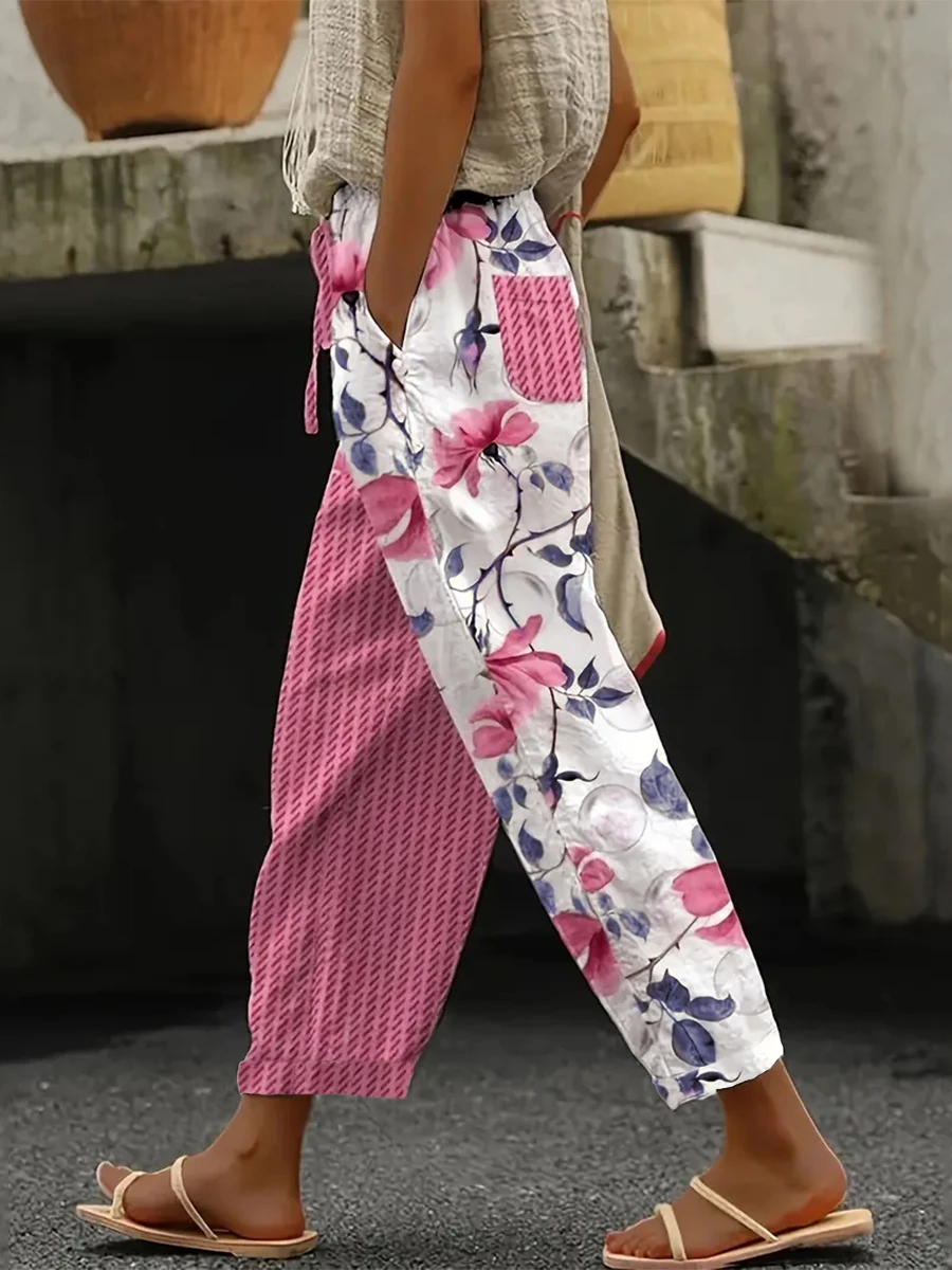 Women Vintage Floral Print Patchwork Loose Casual Pants Autumn Elastic Waist Wide Leg Trousers Baggy Boho Streetwear Pockets