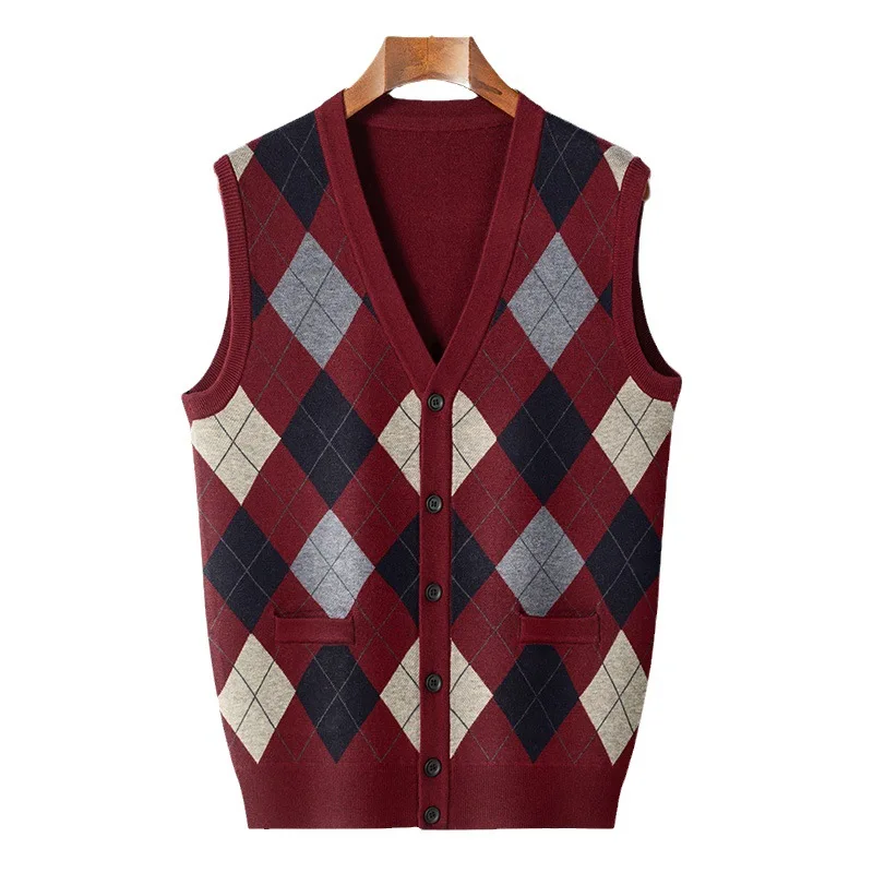 Men\'s 2024 Autumn/winter Knitted Cardigan Waistcoat Sleeveless True Pocket Decoration Slim Middle-aged Men\'s Sweater