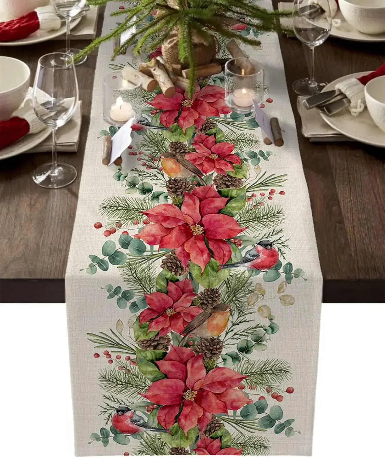 1Pc Christmas Style Table Runner Red Green Poinsettia Pinecone Bird Print Table Cover For Dining Table Kitchen Party Decoration