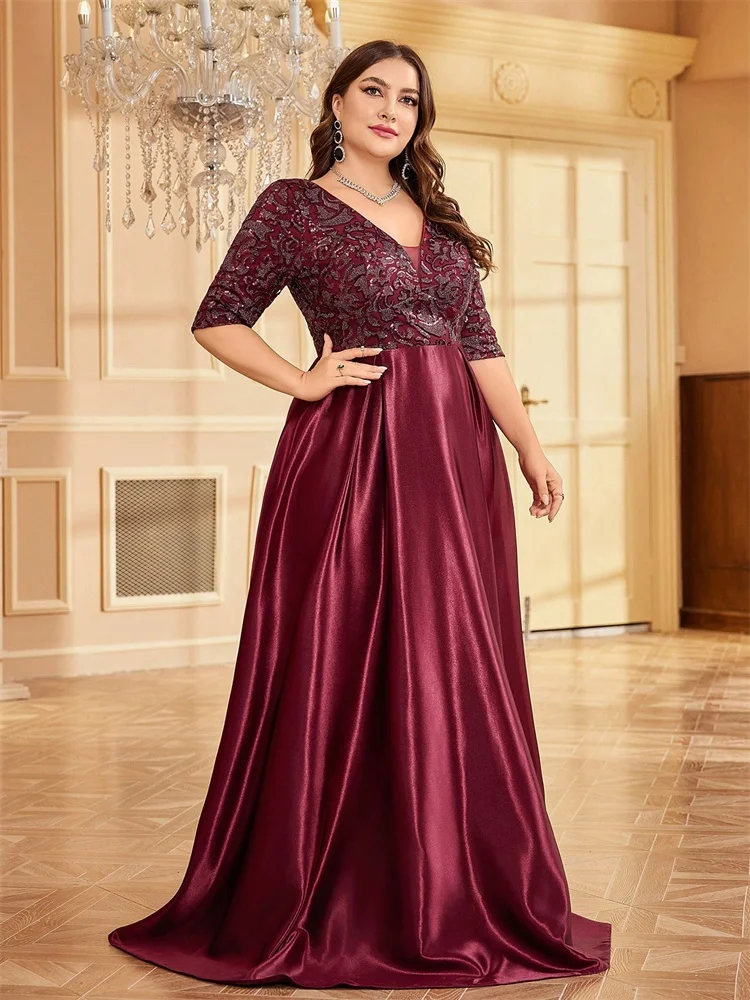 Plus Size Luxe Korte Mouw Rood Satijn V-hals Avondjurk 2025, Vrouwen Pailletten elegante Party Prom Vloerlengte Cocktailjurken