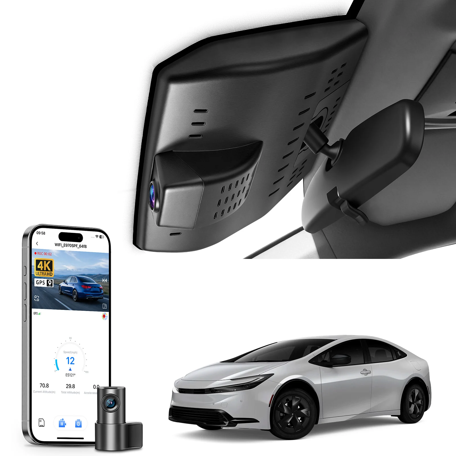 Cámara para Auto Mangoal 4K para Toyota Prius, Prius AWD-e y Prius Prime, 2023-2026, Visión Nocturna, GPS, WiFi y Grabación por Aplicación