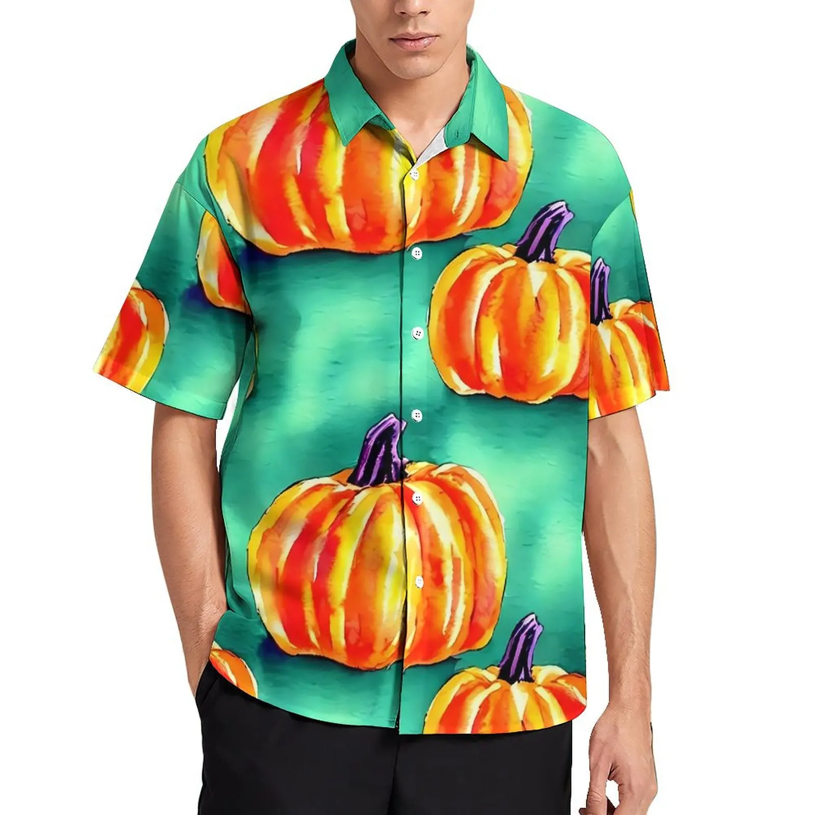 

Pumpkins Print Beach Shirt Men Watercolor Halloween Vintage Casual Shirts Hawaiian Short-Sleeve Harajuku Design Oversize Blouses