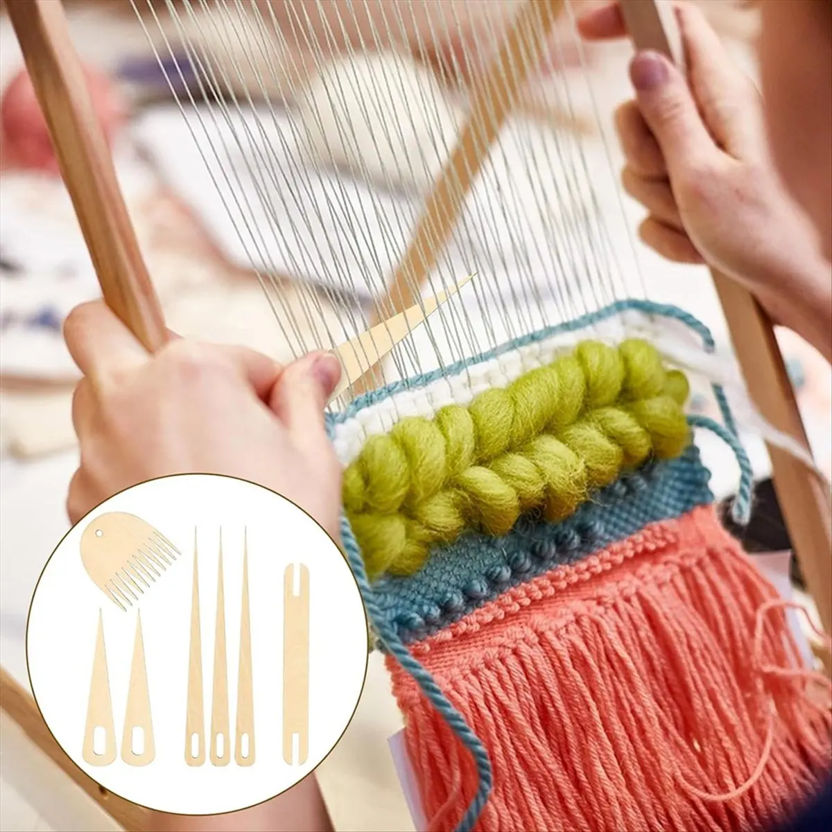 A74U 7Pack Wood Hand Stick Set Include 5Pcs Wood Weaving Crochet Needle,1Pcs Wooden ,1Pcs Wood Weaving Comb