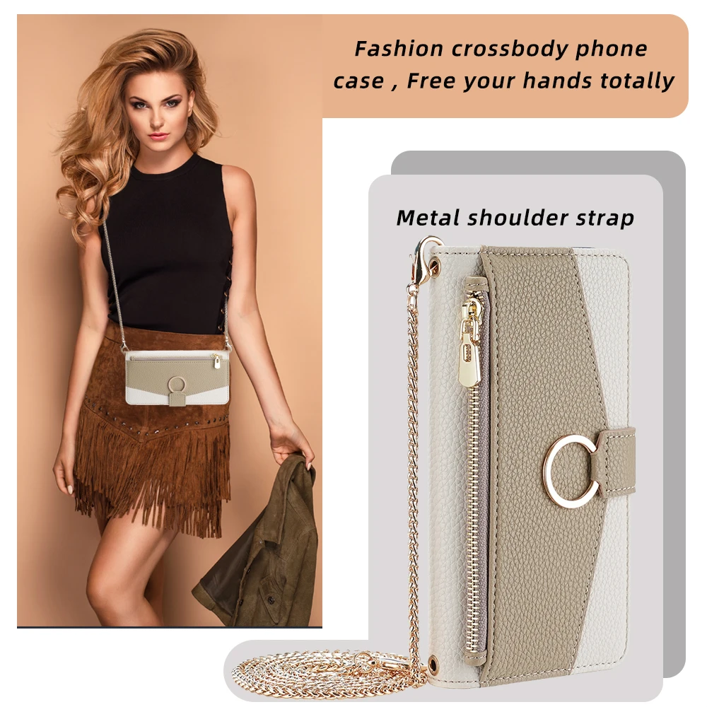 Crossbody Wallet Case for Vivo Y35 Plus Y35M Y36 Y78 Y77 Y55 Y75 Y53s Y74s Y33T Y15S Y70s Y22s Y73 Y52 Flip Cover Metal Chain