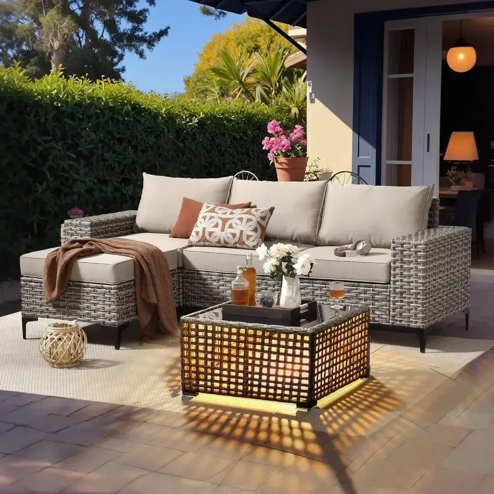

Outdoor Sectional urniture Set with r Table,5 Pieces Wicker Patio Contion Sets,L Shape All Weather Resistant Outside Couch Soa O