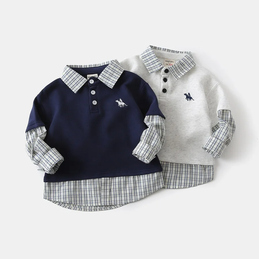 Boys Fashion False Two-piece Striped Patchwork Long Sleeve Lapel Pullover Sweatshirt Tops Children's Spring Casual Sweatshirts