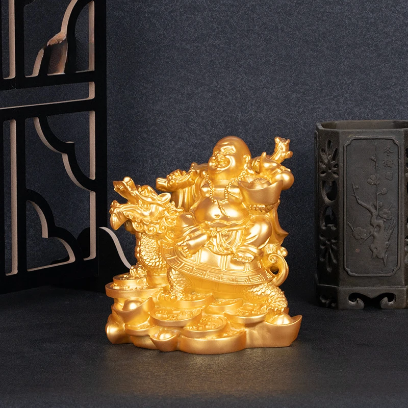 

Resin God of Wealth Laughing Buddha Statue，Modern Art Sculpture，Chinese Home Feng Shui Dragon Turtle Decoration Figurines Statue