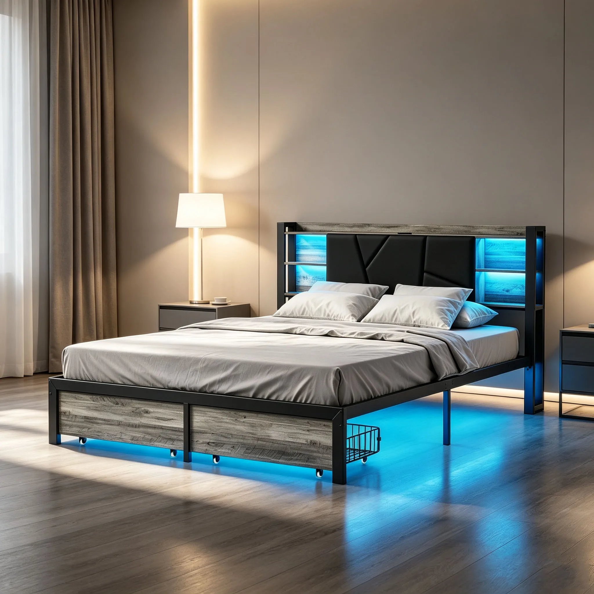Superaly, struttura per letto con piattaforma in metallo, 160x200 cm, letto imbottito con cassetti contenitori e ripiani a più livelli sul testiera, supporto in doghe di metallo, mobili salvaspazio
