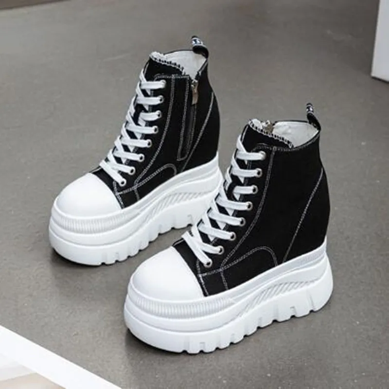 2026 New 12cm Denim Women Breathable Platform Hidden Heels Shoes Genuine Leather Synthetic Chimney Fashion Autumn Ankle Booties