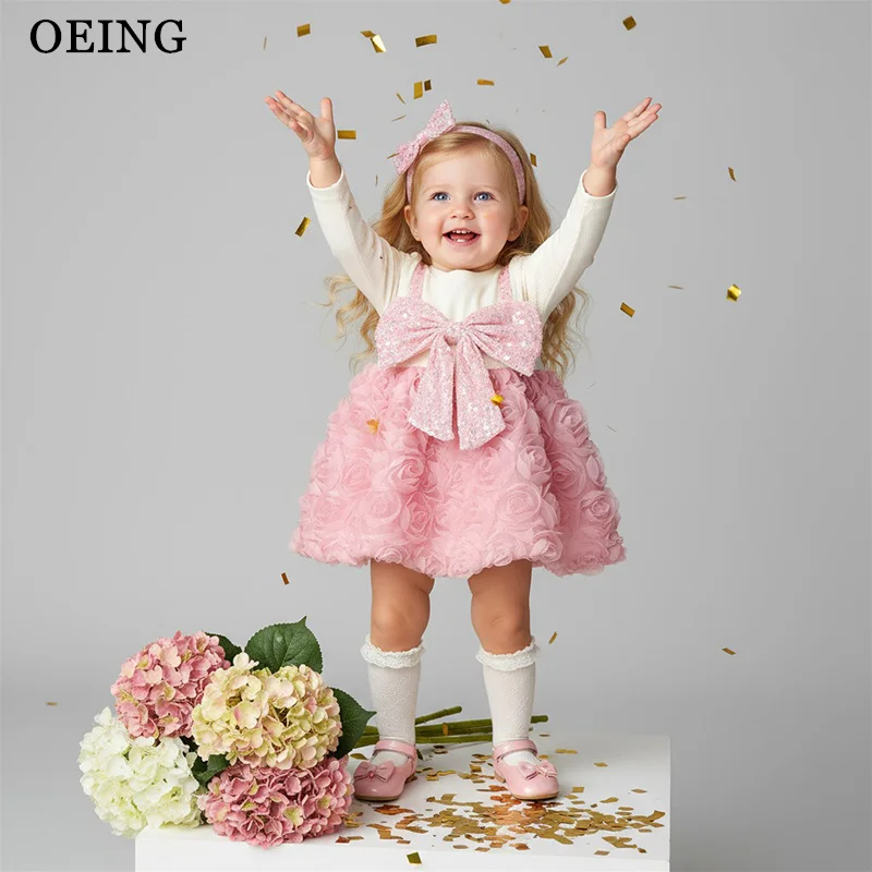 

Милое платье OEING для дня рождения, контрастного цвета, с пайетками, бантами и 3D цветами, миди, для девочек, платье принцессы, на заказ