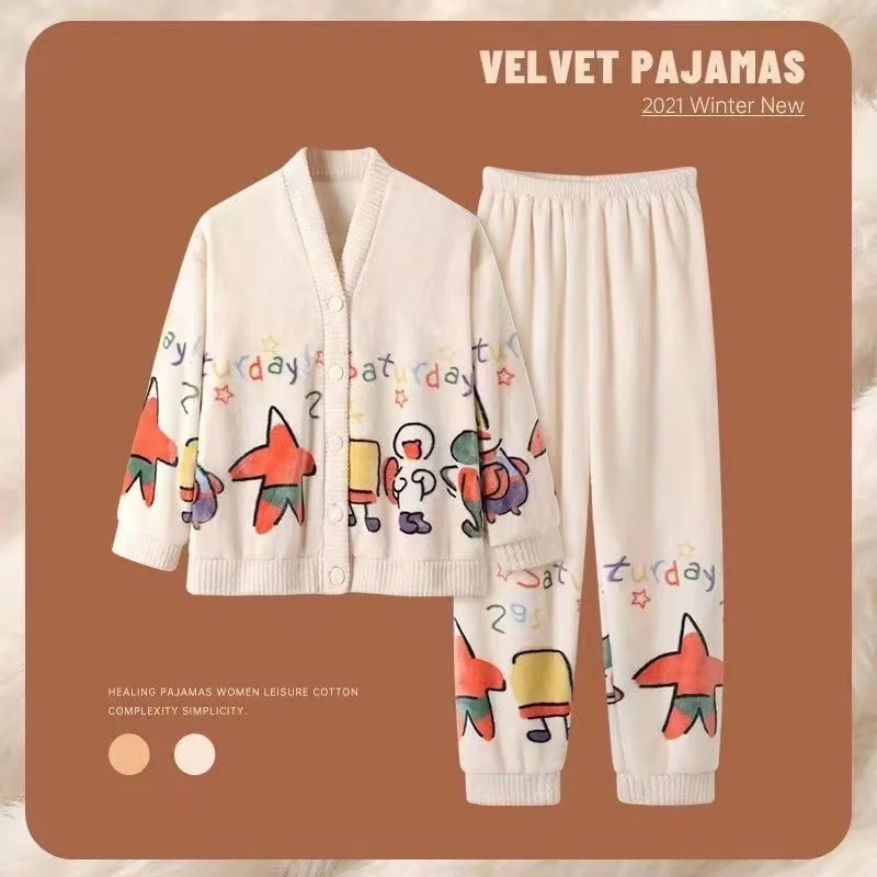 Autumn Winter V-neck Cartoon Cardigan Set Flannel Pajamas Women's Thickened Coral Velvet Long Sleeved Plush Home Clothes