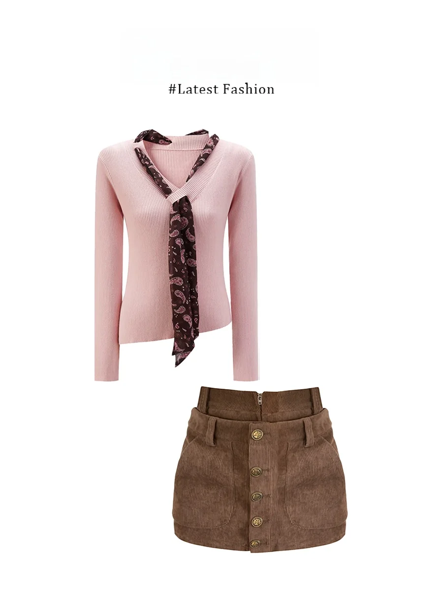 

Parkyeon Stylish Winter Knitted Sweater And Short Skirt Set for Women Long Sleeve Fashionable Semi-Body Skirt Warm And
