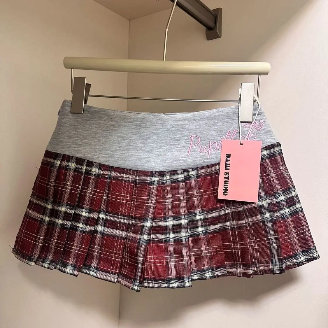 High Waist Plaid Embroidered A-Line  Skirt Women's Summer New Style Sexy Girl Anti-Light JK School Uniform Short Skirt